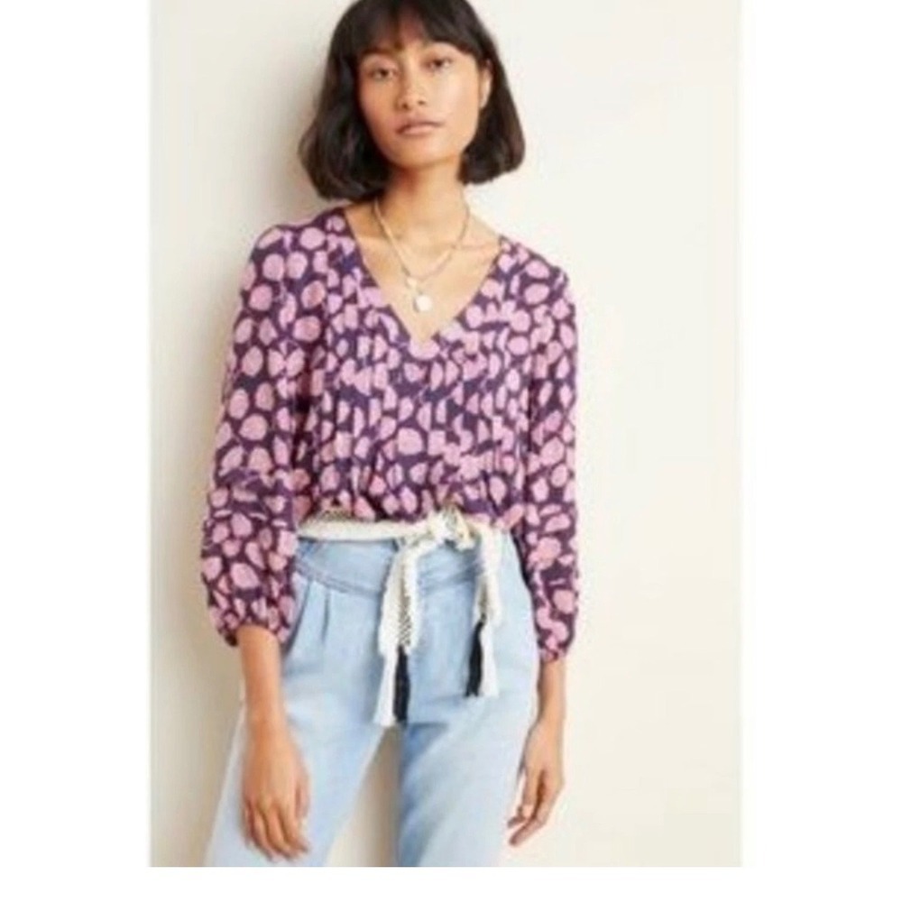 Maeve by Anthropologie Plum Pleated V-Neck Blouse Sz S Cottagecore Boho